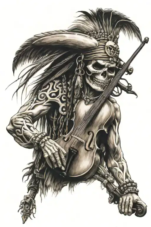 Apache With Skull Face Holding A Broken Violin