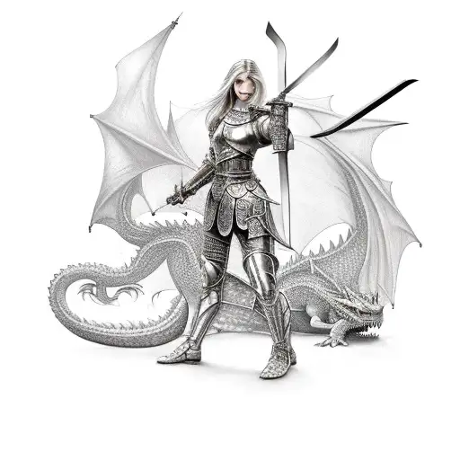 Girl In Armor Holding A Sword And A Dragon Behind Her