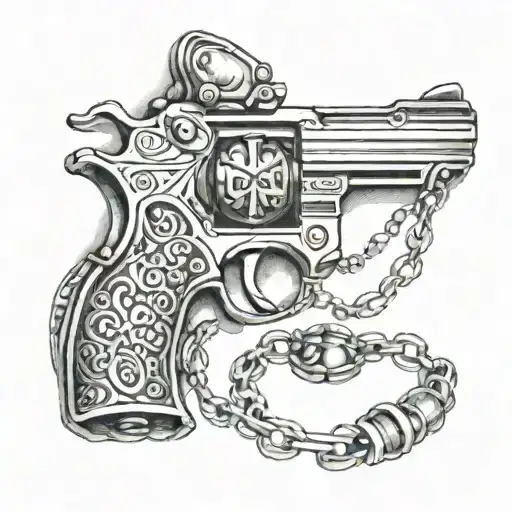 Hand Gun And Rosary Beads