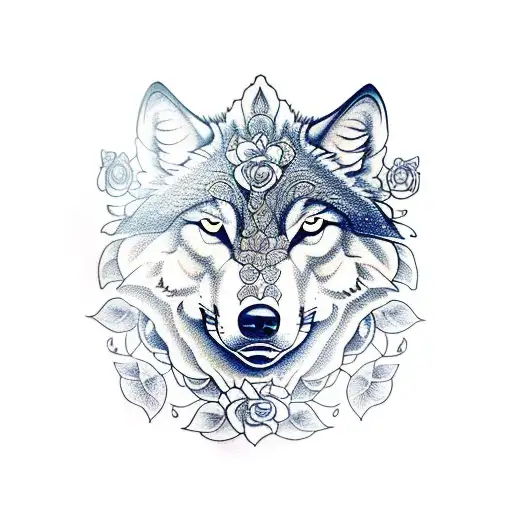 Wolf With Roses And Pattern