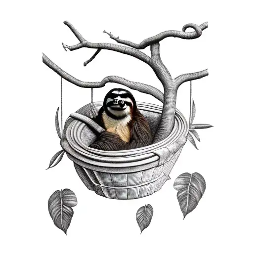 A Three-toed Sloth Resting On A Ficus Tree Inside A Basket Made Of Natural Rattan