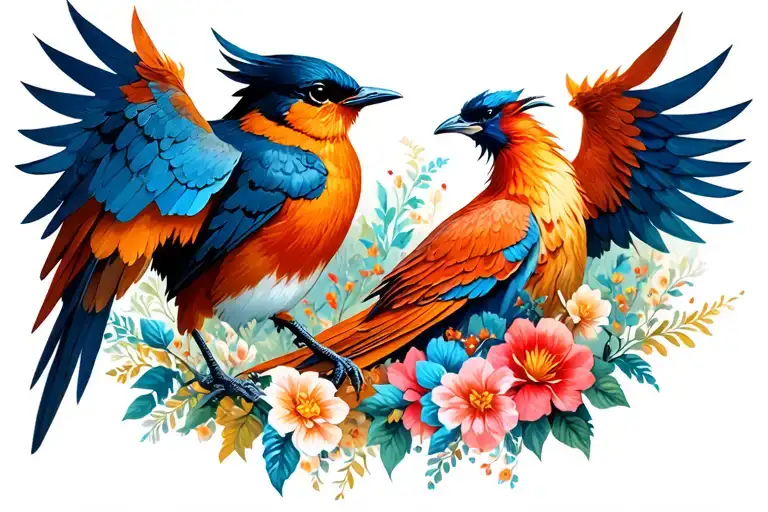 Robin And A Phoenix With Flowers