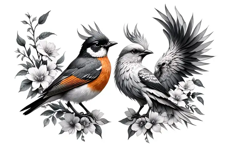 Small Robin And A Phoenix With Flowers Black And White