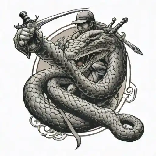 Detective Stabbing A Large Snake With A Sword