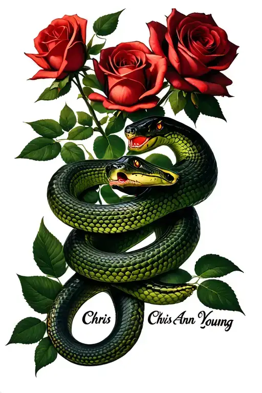 Snake Coiled Around Roses Growing With The Name Chris Ann Young