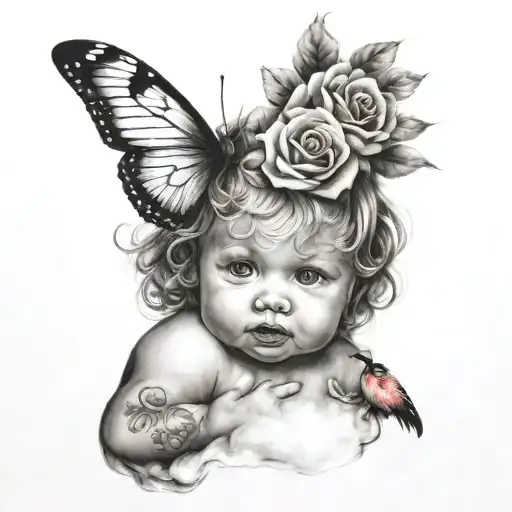 Baby Angel With Butterfly Wings And Roses