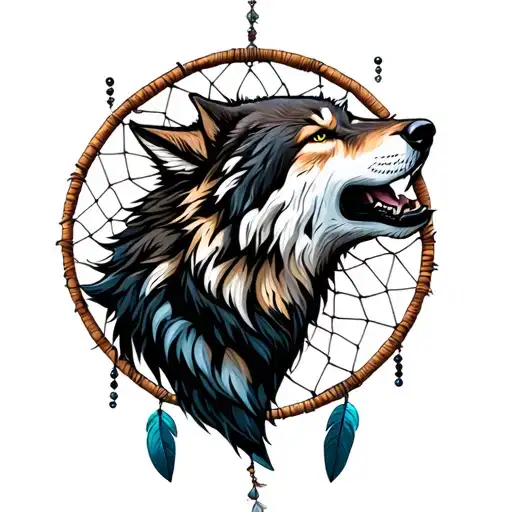 Howling Wolf Head And Dreamcatcher