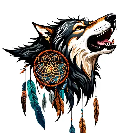 Howling Wolf Head And Dreamcatcher