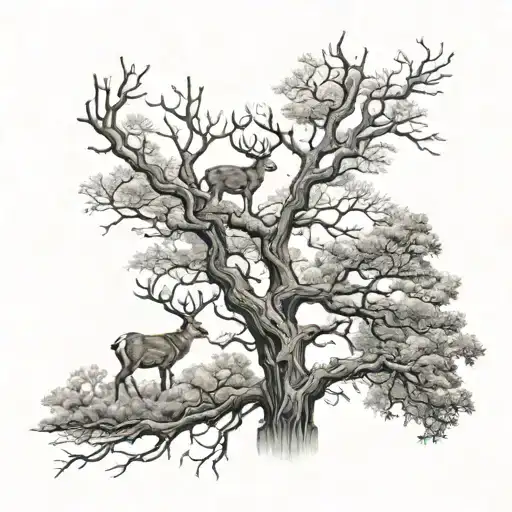 Tree With Deer Blending Into The Branches