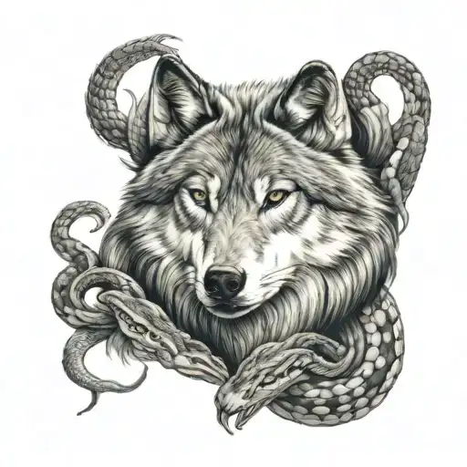 Wolf Surrounded By Snake Coiled