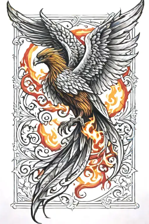 Phoenix Back Tattoo With Flames As Wings And Color