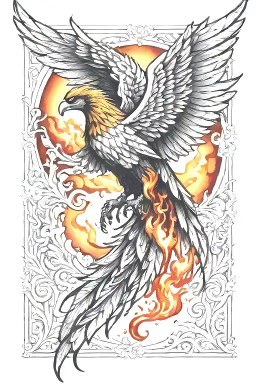 Phoenix Back Tattoo With Flames As Wings And Color