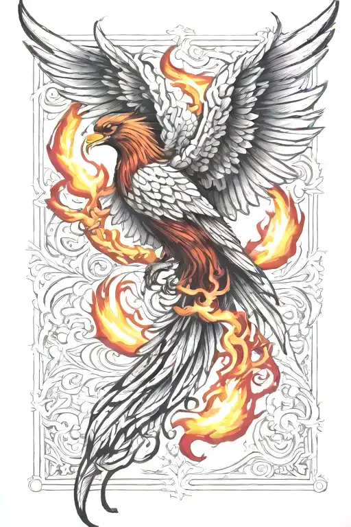 Phoenix Back Tattoo With Flames As Wings And Color