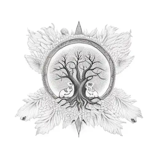 A Traditional Style Tattoo Of A Family Tree With Each Member Represented By A Different Animal