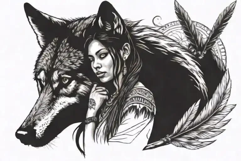 Wolf Trees Feathers Indian Girl Sitting With Him Holding His Hand