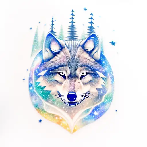 A Realistic Depiction Of A Galaxy Wolf In A Serene Nighttime Forest With Glowing Stars Above