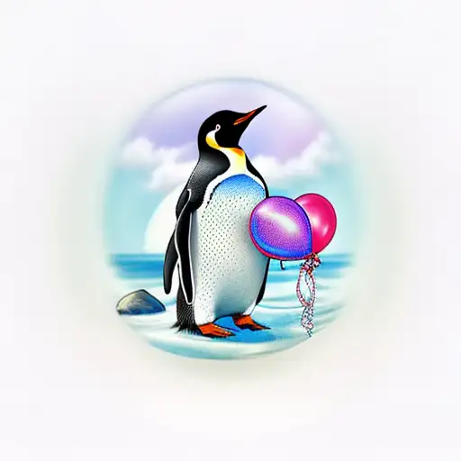 Penguin In Ocean Holding Ballons