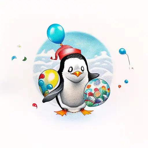 Penguin In Ocean Holding Ballons