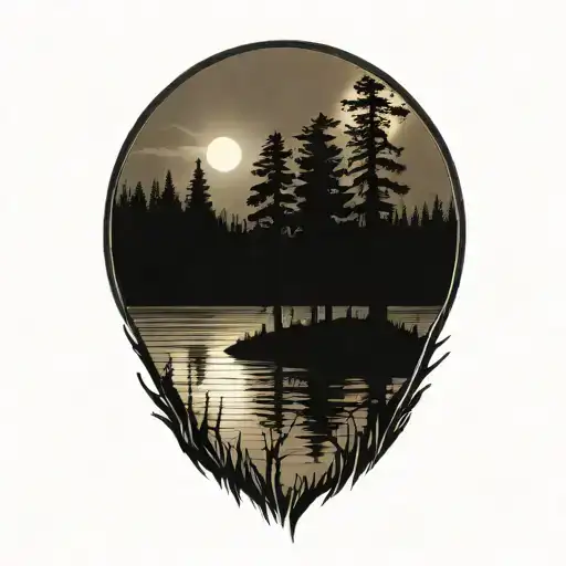 Cedar Forest Behind A Pond With A Fully Visible Shining Sun