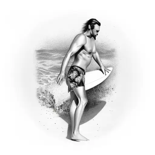Surfer With Palms In The Beach