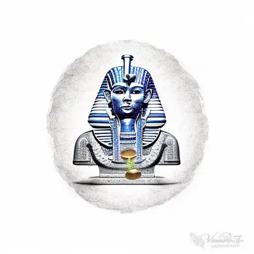 A Dotwork Tattoo Of An Egyptian Pharaoh Holding A Gun With Money Flying Out Of The Barrel