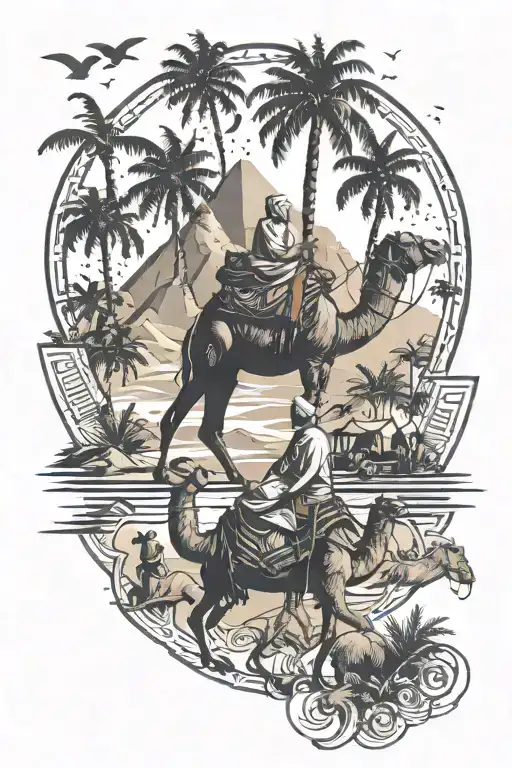 Arabic Quote With Pyramds And Palm Trees And A Guy Riding A Camel
