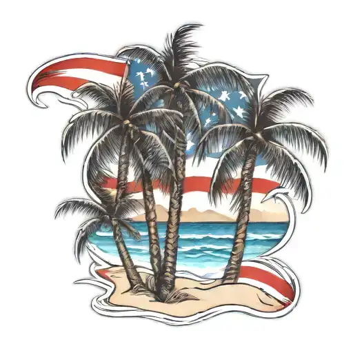 Beach Shore With Palm Trees And Puerto Rican Flag Intertwined