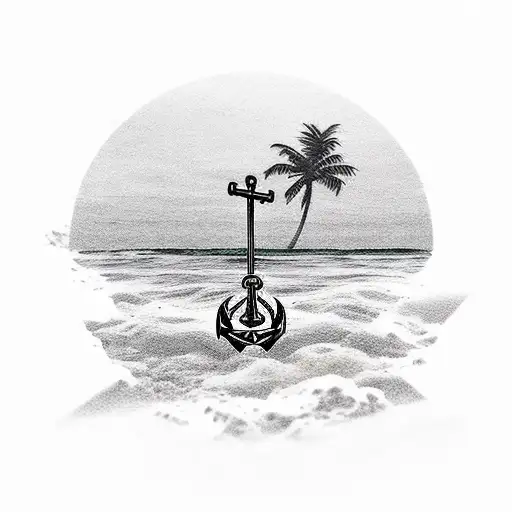 Small Island With Palm Tree With An Anchor And A Ships Wooden Wheel