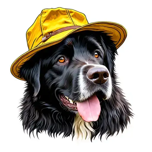 Newfoundland Dog Wearing A Yellow Fishermen Hat