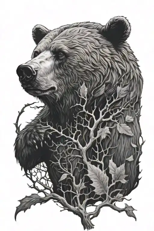 Bear Furious In The Forest With The Moon And Thorns