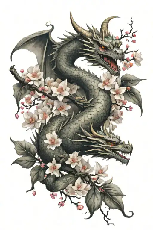 Realistick Dragon Flying In Between Cherry Tree Flowers