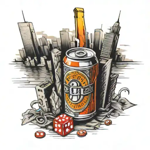 A Can Of Beer Stands In A Skyscraper With A Dice