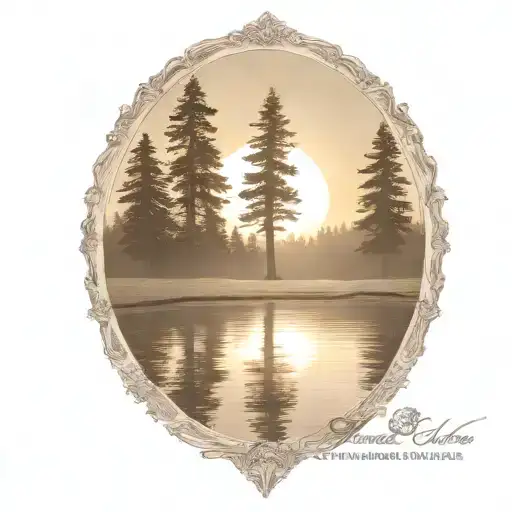 Redwood Trees And Golf Course Behind A Pond With A Fully Visible Shining Sun