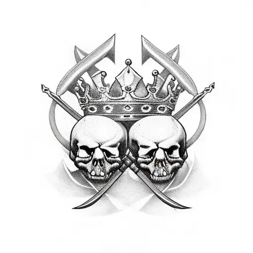 Two Skulls With Crowns And Sword And Flowers