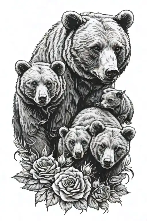 Momma Bear With 3 Cubs Surrounded By Roses And Sunflowers