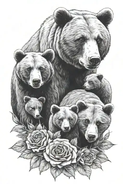 Momma Bear With 3 Cubs Surrounded By Roses And Sunflowers