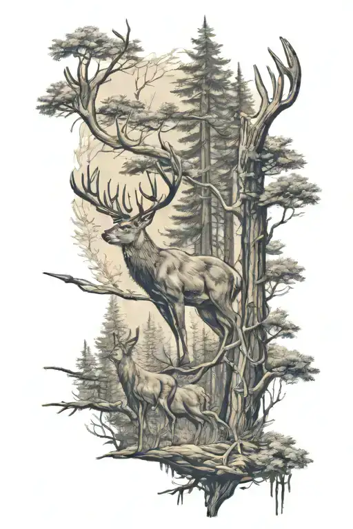 Whitetail Deer Forest Scene With Archer Shooting An Arrow