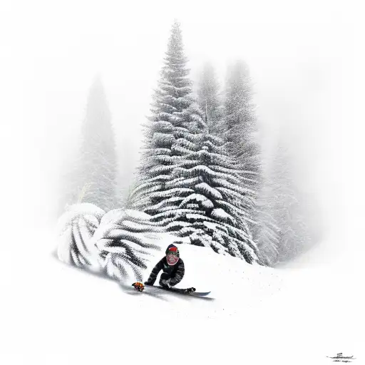 A Realistic Portrait Of A Snowboarder Carving Through A Forest Of Pine Trees