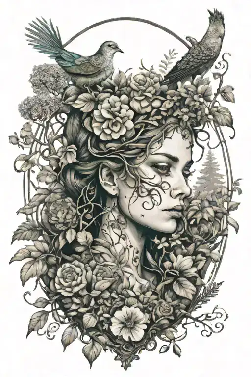 Victorian Mother Nature With Plants And Animals In A Forest