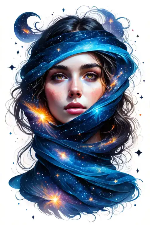 A Woman's Face Wrapped In A Galaxy With Meteors Emerging With A Lot Of Light And Shadow