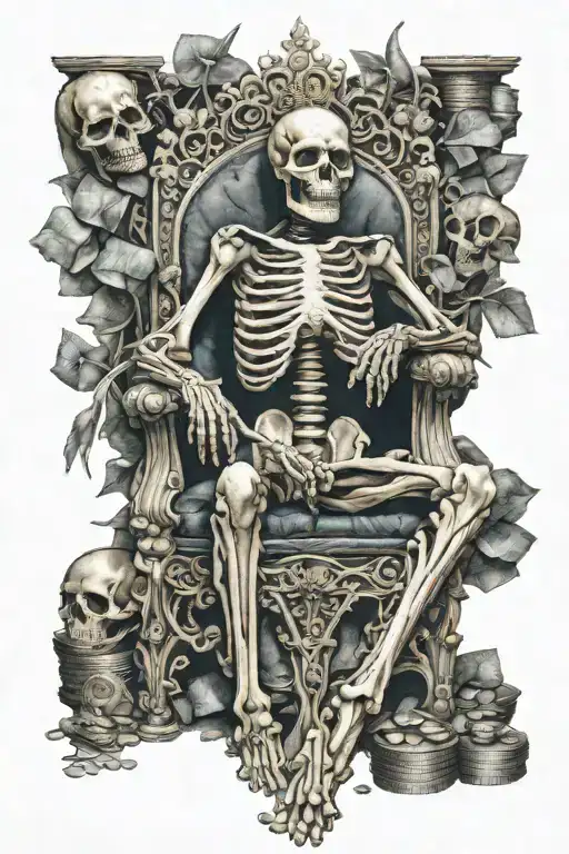Skeleton King Sitting On Throne That Is On Top Of A Pile Of Coins