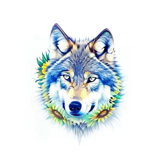 Wolf With Green Eyes And Sunflowers