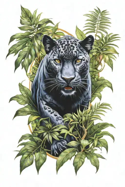 Full Body Black Panther In Jungle Leaves