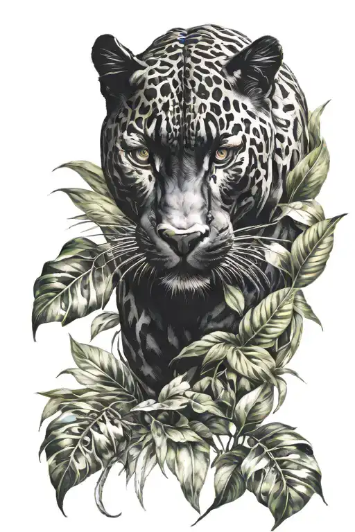 Full Body Black Panther In Jungle Leaves