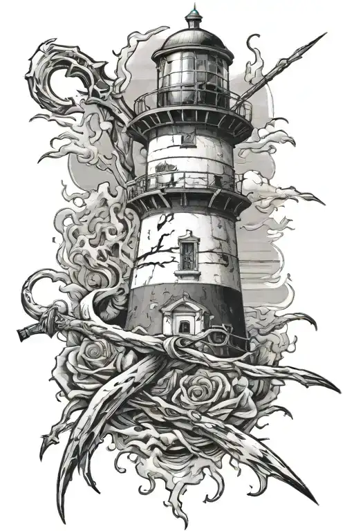 Lighthouse Washing Against The Background Of A Bony Hand With A Scythe