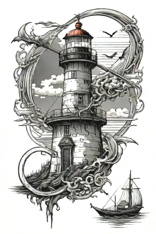 Lighthouse Against The Backdrop Of Death With A Scythe