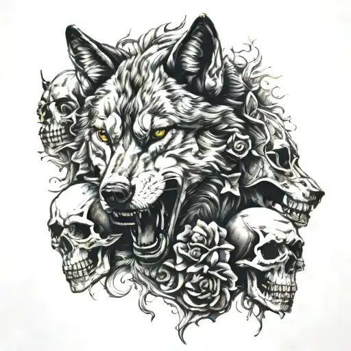 Wolf And Human Skulls Representing Dark Periods