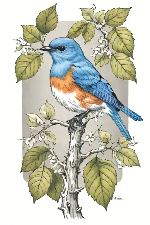 Bluebird On A Branch With Leaves