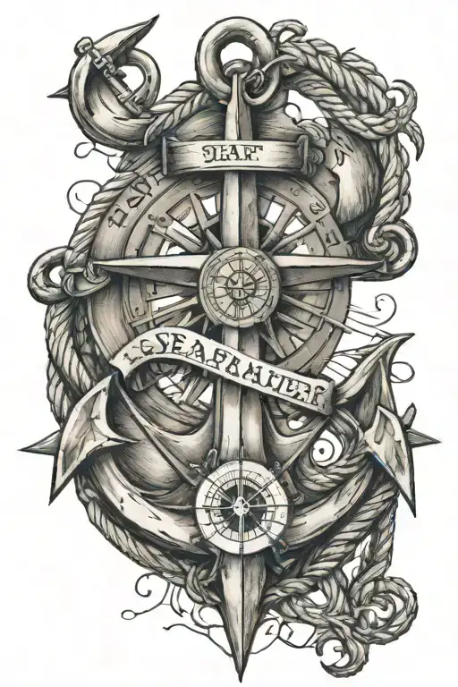 Large Ship's Anchor With A Compass In The Foreground Surrounded By The Lettering Seafarer Life