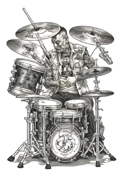 Combine Realistic Drum Elements With A Portrait Of A Famous Drummer In A Realism Style